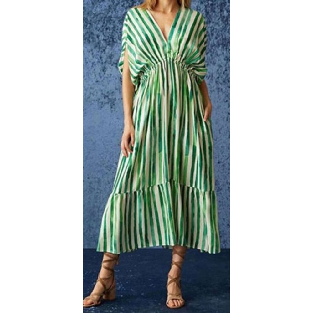 Marie Oliver Venus Caftan Silk Blend Dress Green Striped Bamboo Cabana Sz. L - Picture 2 of 8